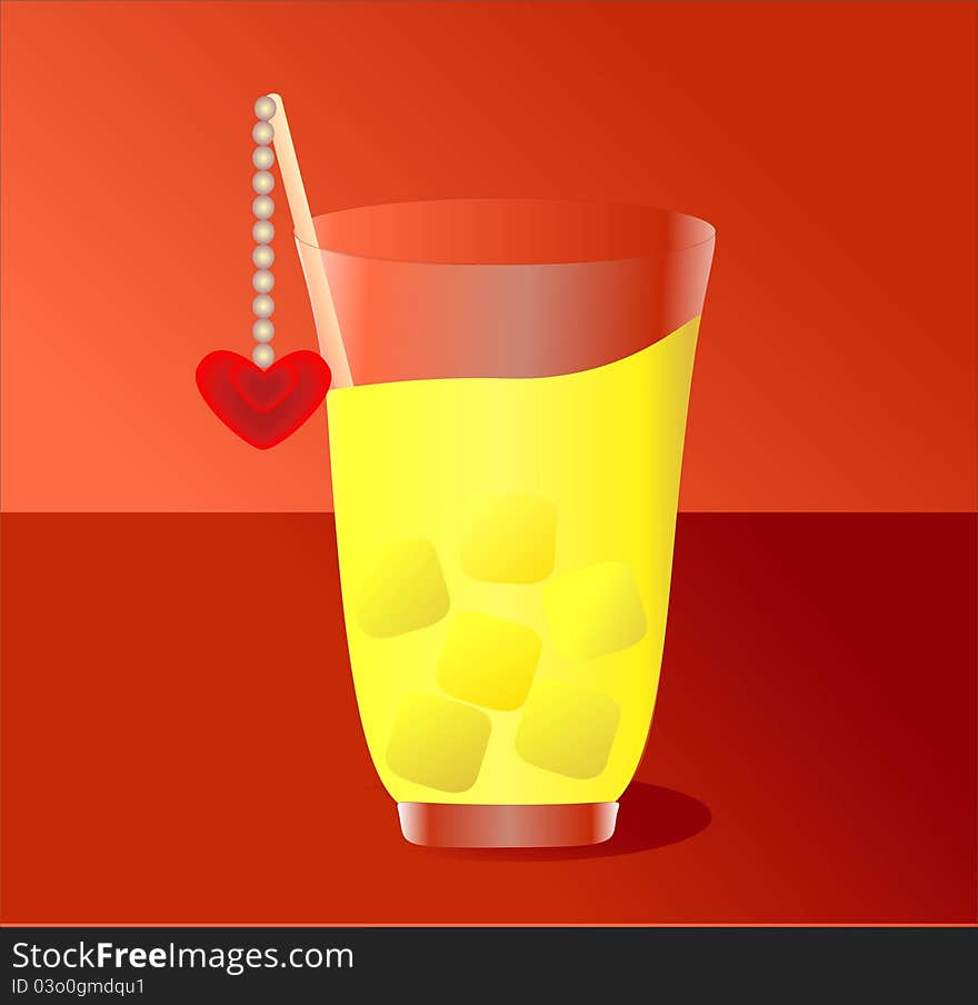 Yellow juice glass with ice and a heart. Yellow juice glass with ice and a heart.