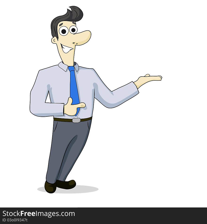 Happy businessman points a finger upwards and holds a hand. Happy businessman points a finger upwards and holds a hand