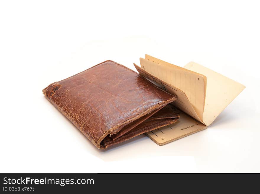 Old wallet and old document on white background. Old wallet and old document on white background