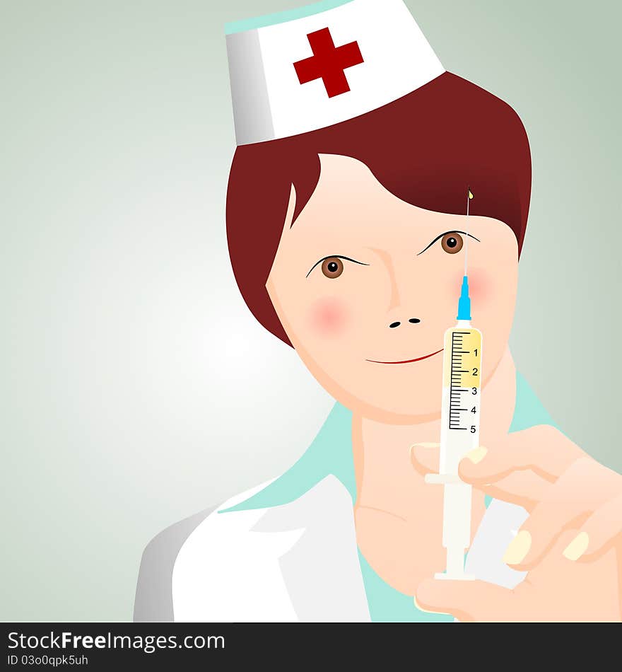 Beautiful young nurse with syringe, cartoon illustrations