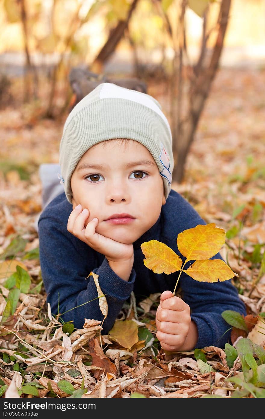 Boy Walking In Autumnal Park