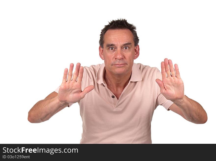 Man Holding Up Hands to Stop or Push