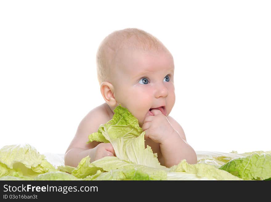 Small child sitting among the cabbage leaves