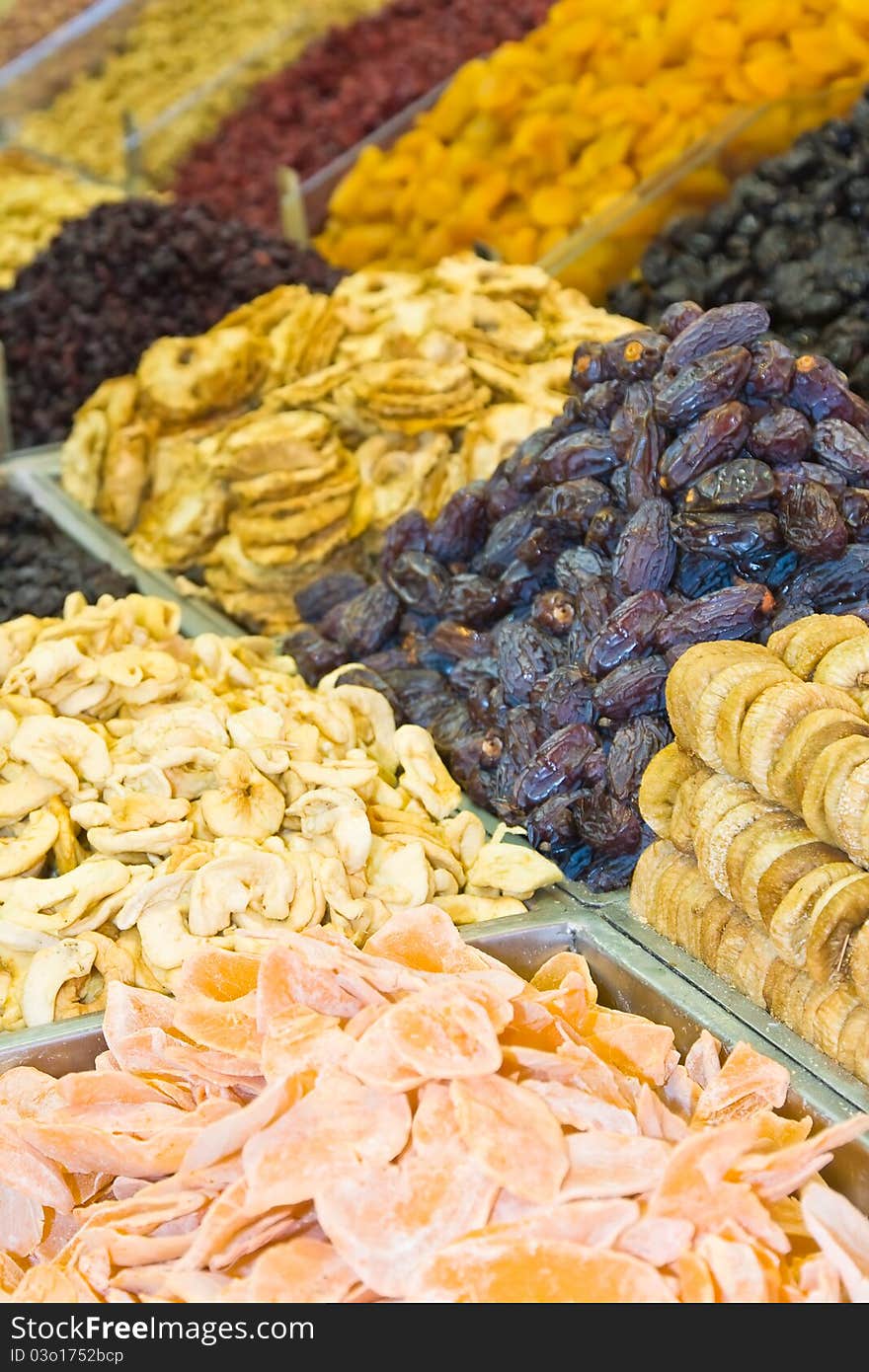 Colorful dried fruits and dates