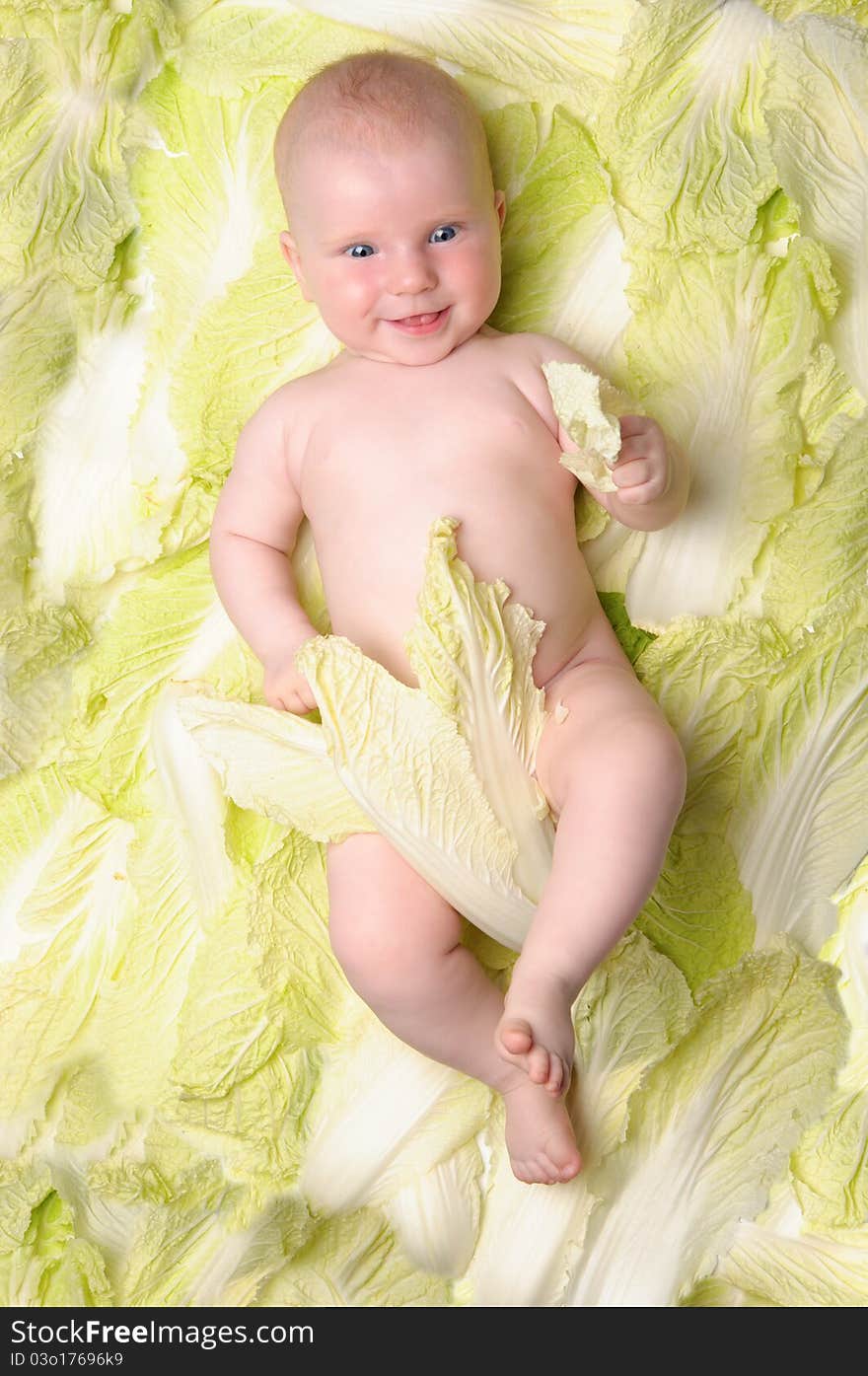 Small child is among the lettuce leaves isolated on white