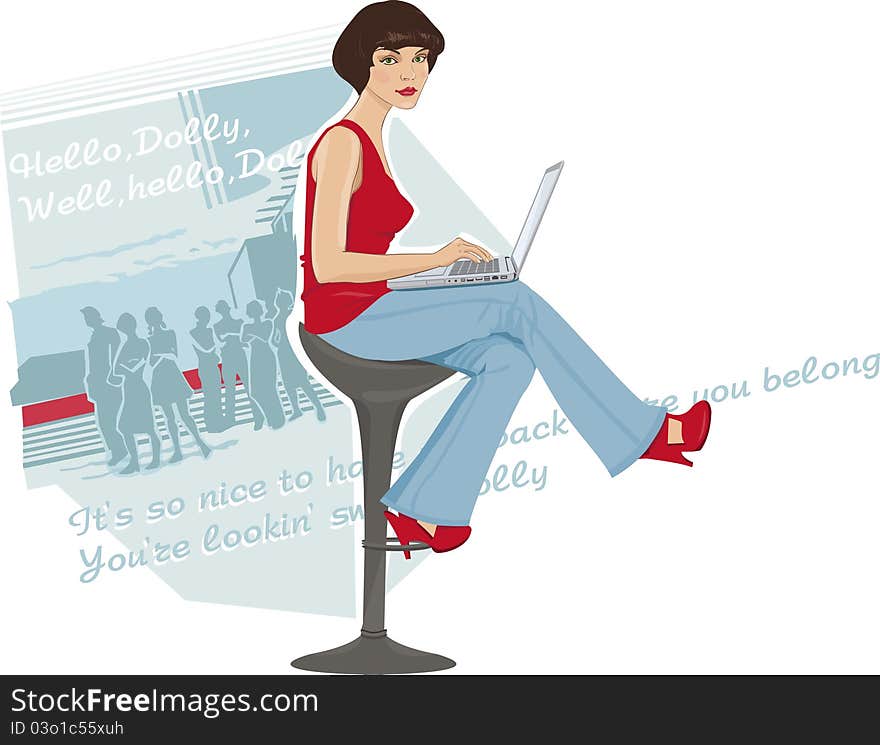 Illustration of a young woman sitting by the computer. Illustration of a young woman sitting by the computer