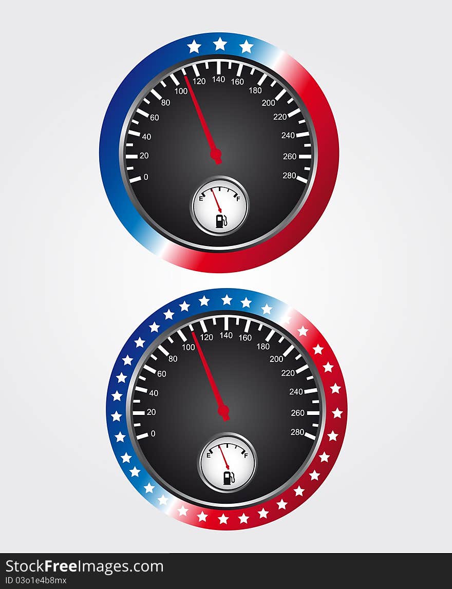 Red and blue speedometer with white star over gray background. Red and blue speedometer with white star over gray background.