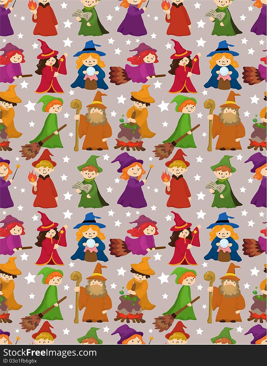 Cartoon Wizard and Witch magic seamless pattern