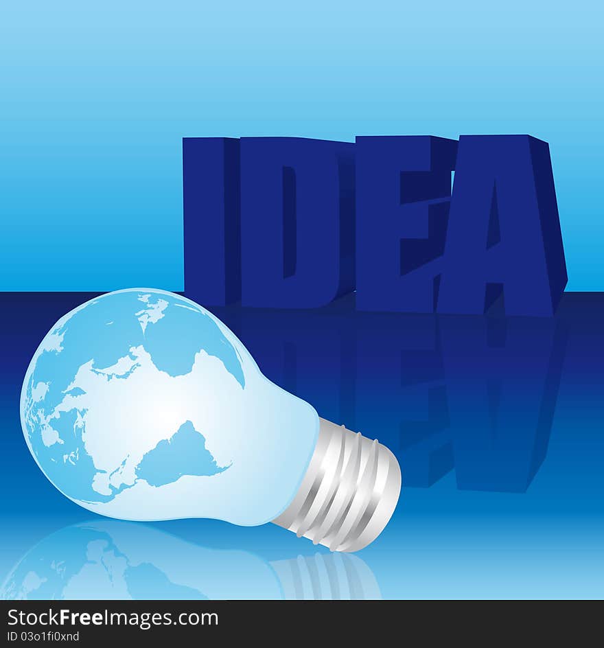 Blue electric bulb with earth with idea text over blue background. Blue electric bulb with earth with idea text over blue background.