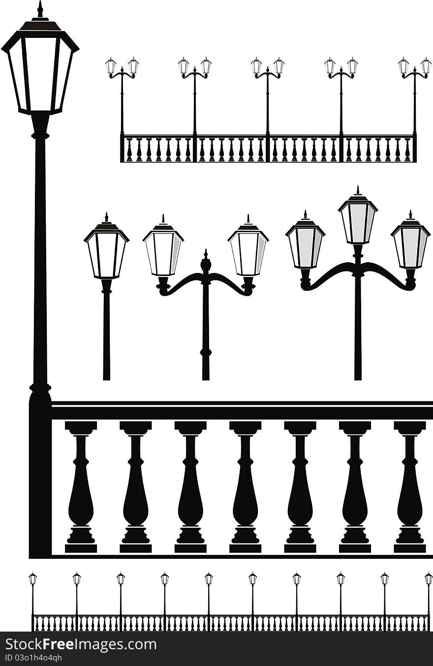 Set of street lantern in old style and balustrade - vector isolated illustration on white background. Architectural element.