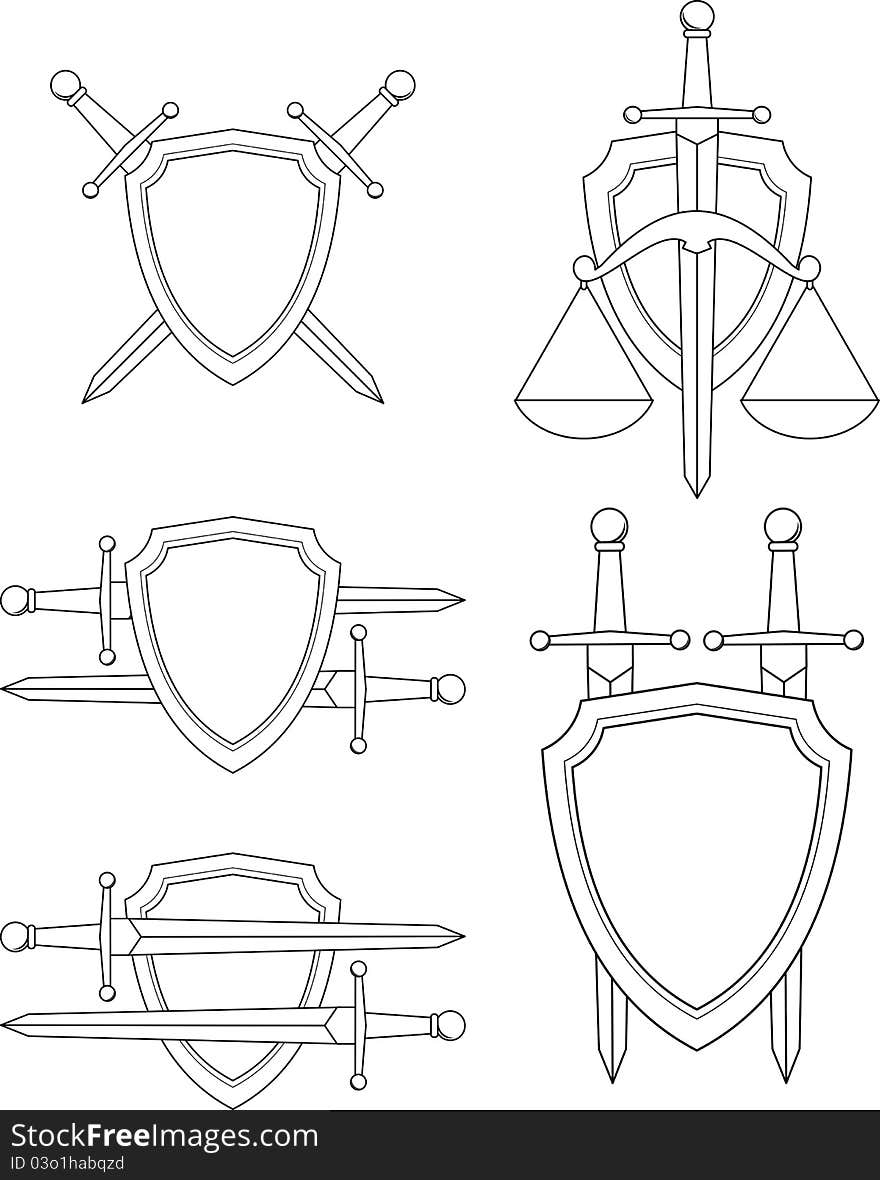 Set Of Emblem - Shield, Sword And Scales