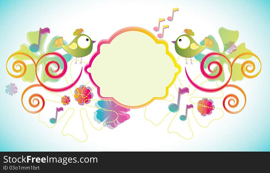 Color background with birds and flowers and label for text