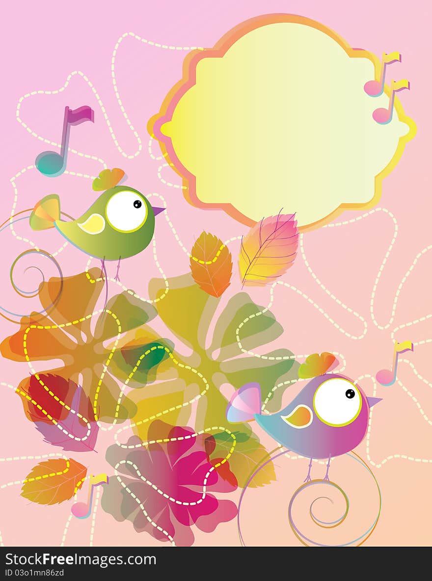 Color Background With Birds And Flowers And Label