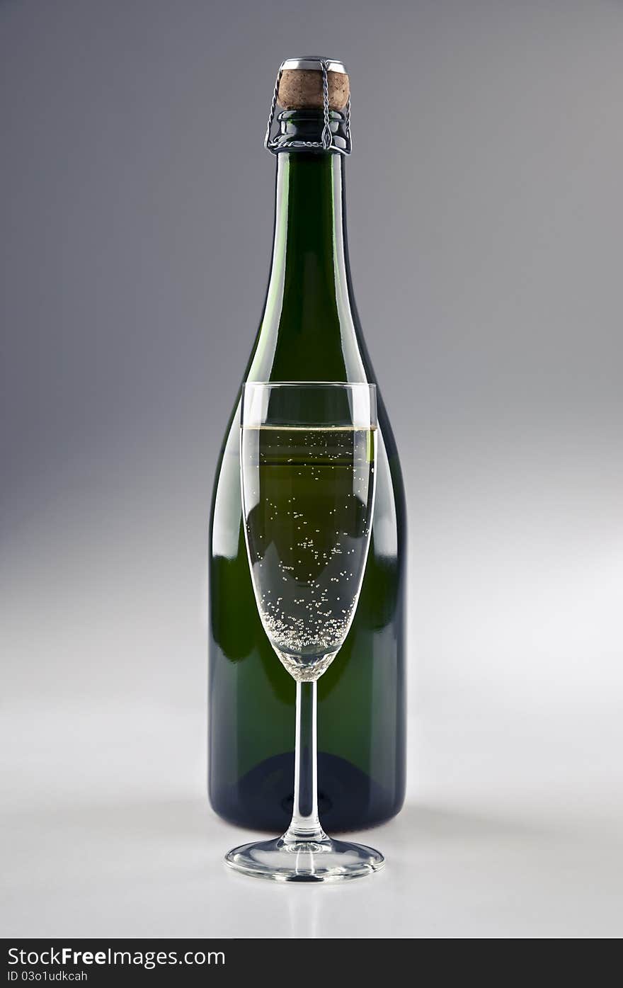 A champagne bottle and glass standing in front of the bottle