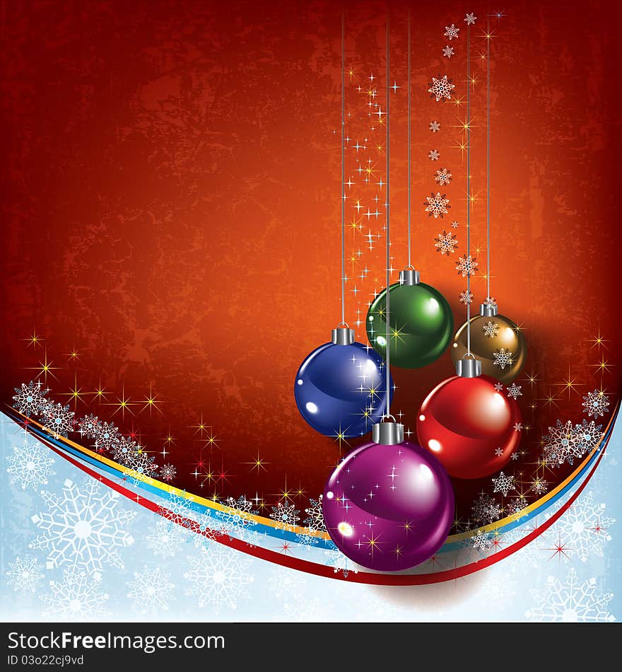 Abstract Christmas background with color decorations on red. Abstract Christmas background with color decorations on red