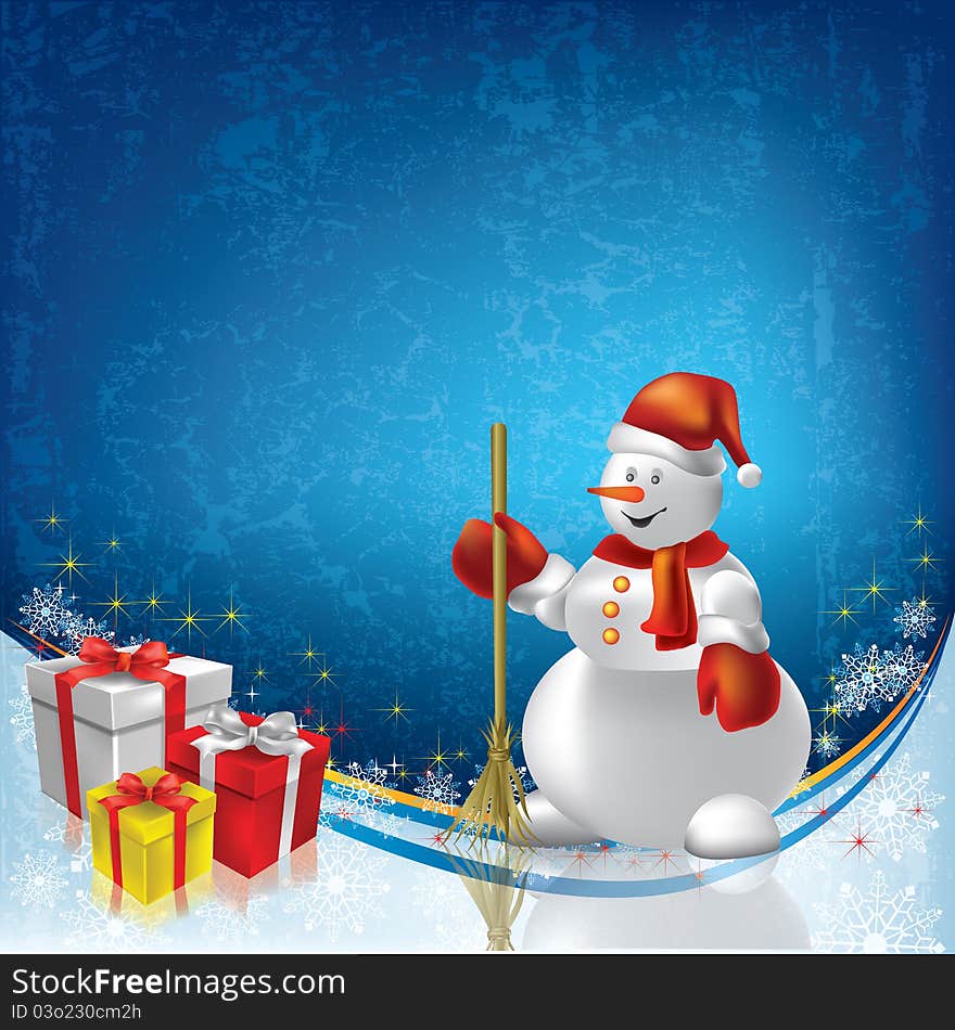 Abstract Christmas greeting with snowman and gifts on blue