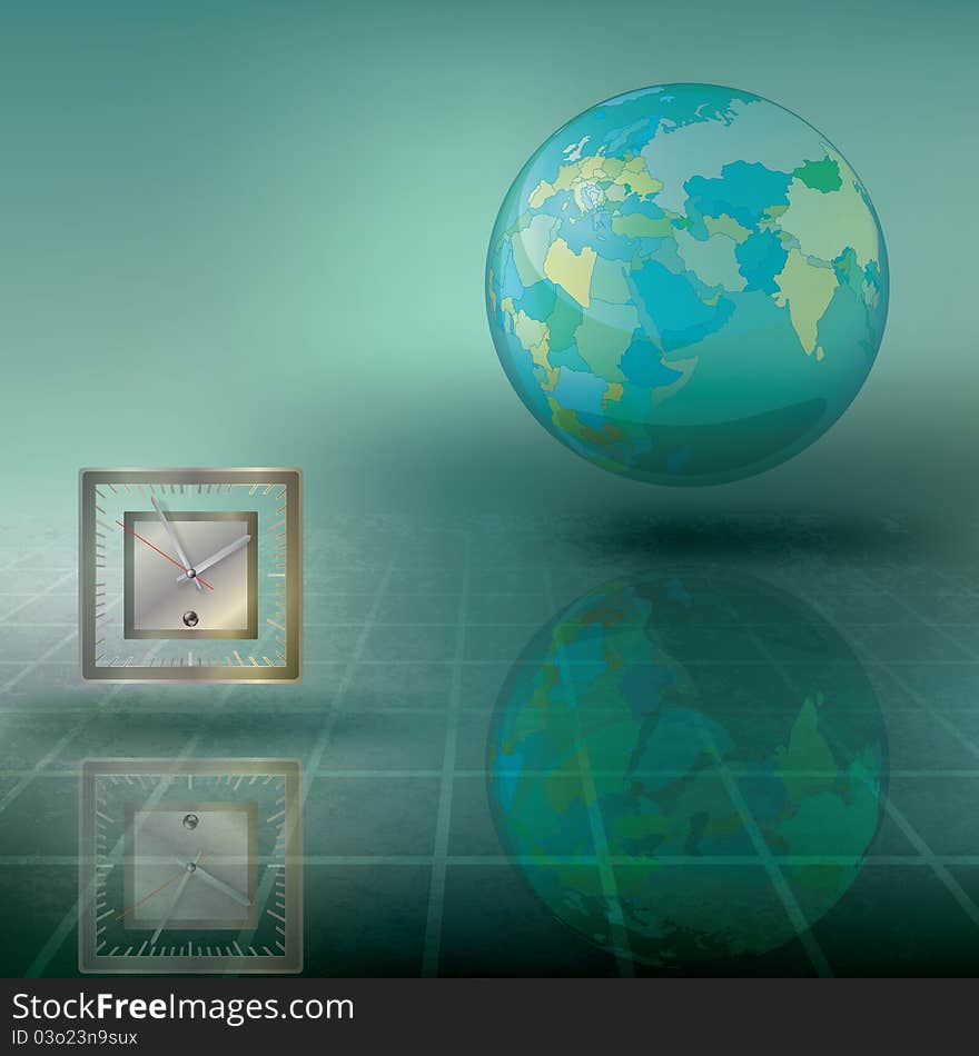 Abstract illustration with globe and clock on green