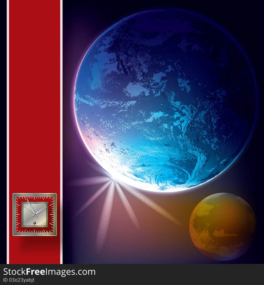 Abstract space background with clock on red