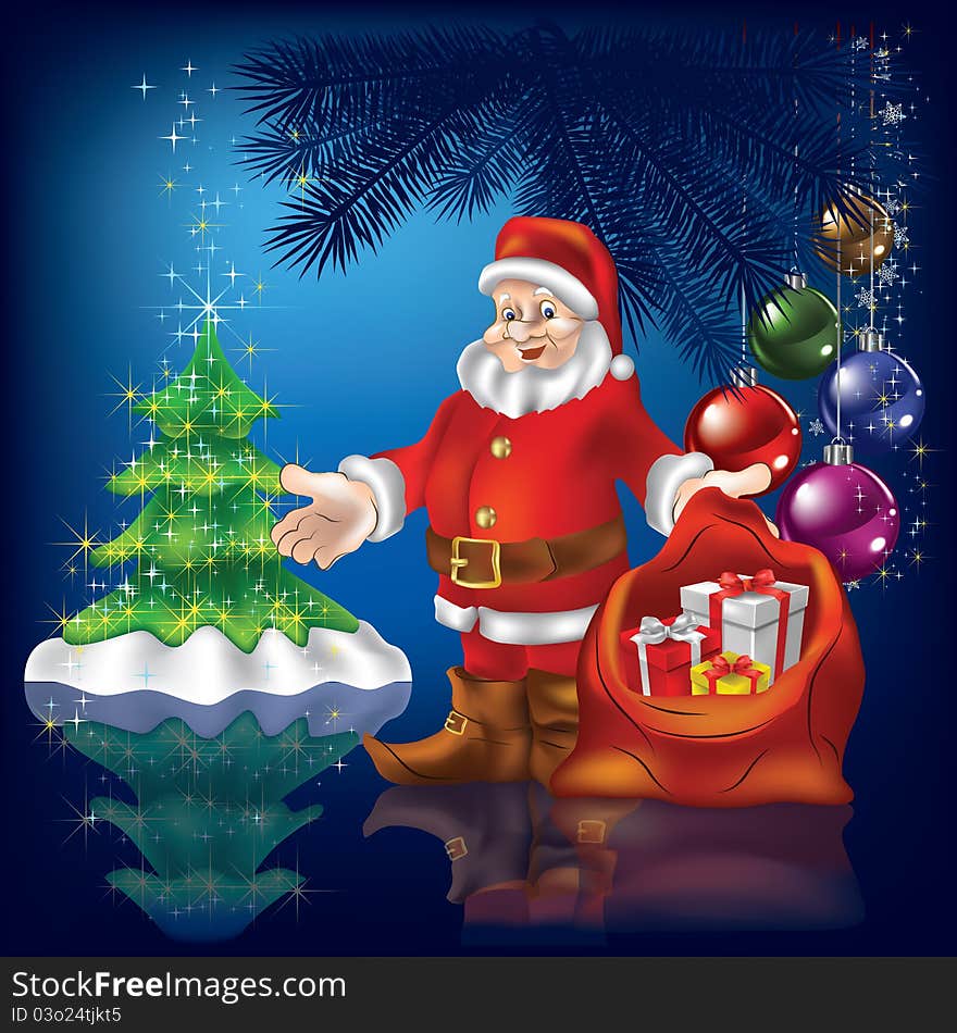 Christmas blue greeting with Santa Claus and gifts. Christmas blue greeting with Santa Claus and gifts