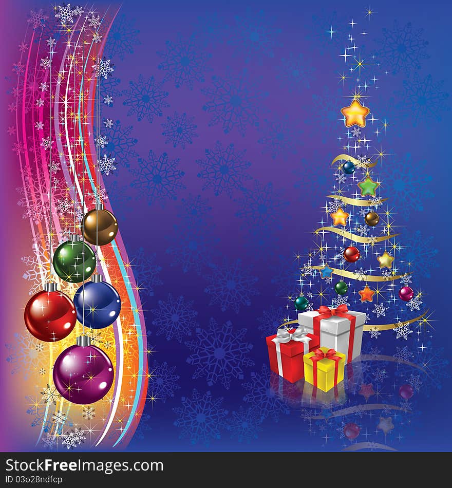 Christmas tree with gifts and decoration on dark background. Christmas tree with gifts and decoration on dark background