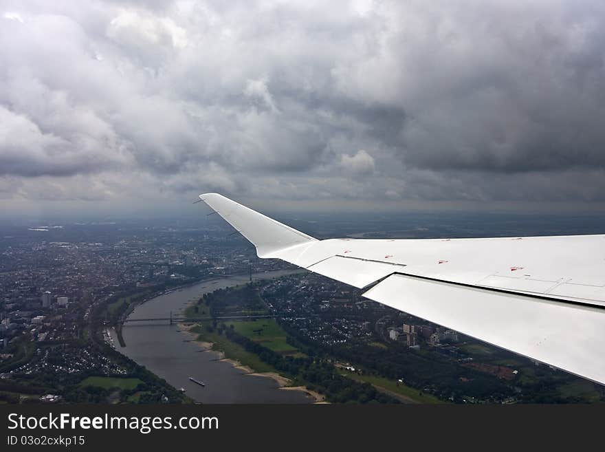 Flying over D�sseldorf, in Germany