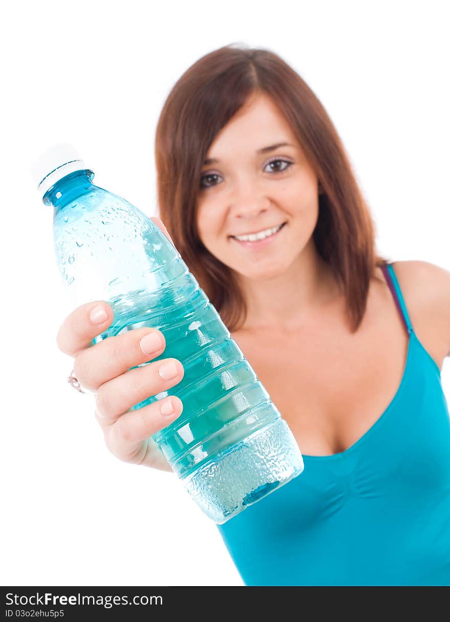 Smiling young woman with water. Isolated over white background