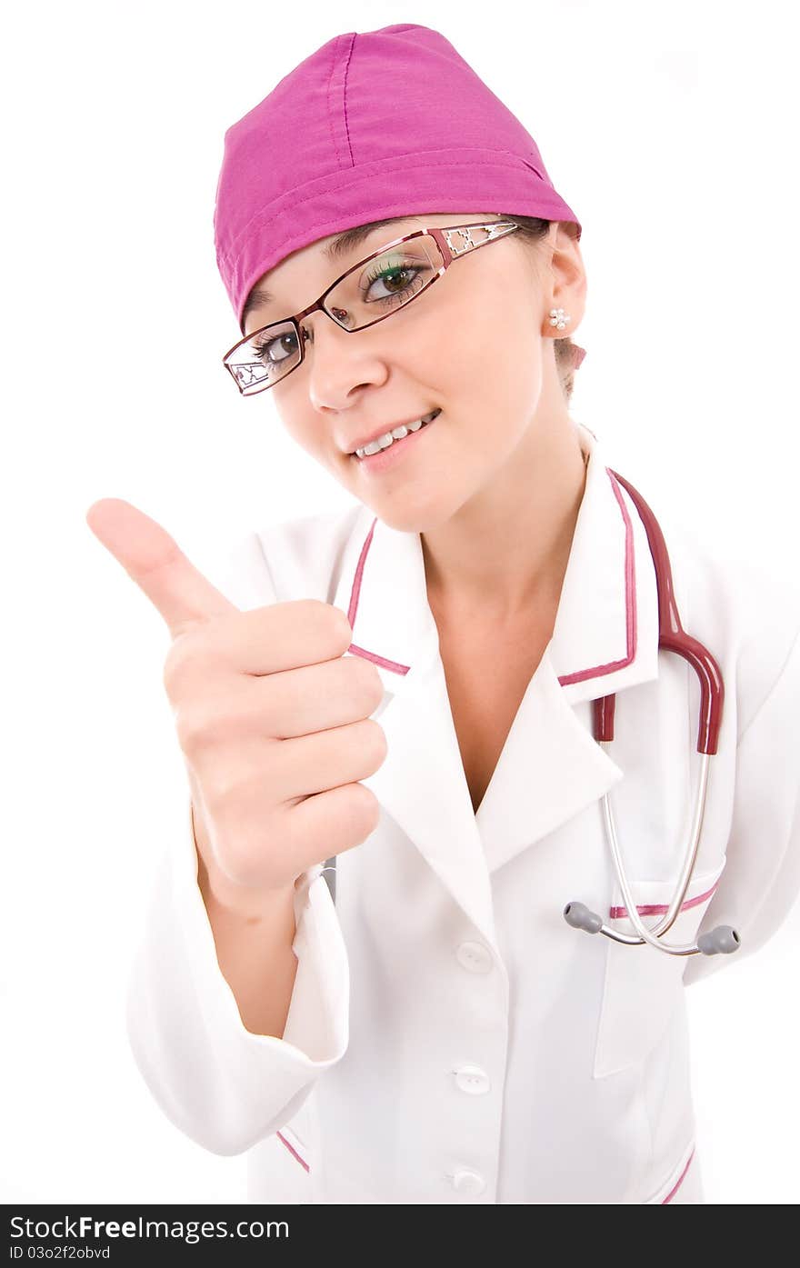 Portrait of young female doctor with thumb up on white background, closeup