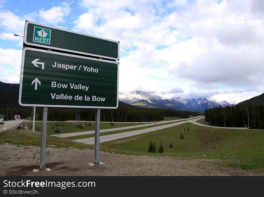 Road Sign on Trans Canadian Highway in Banff National Park. Alberta. Canada