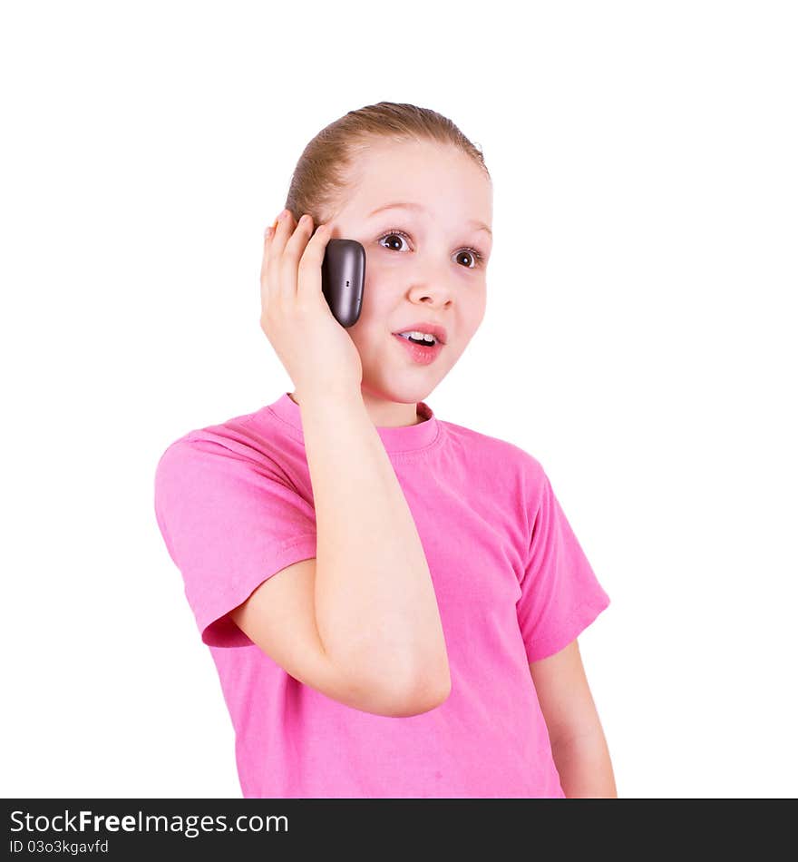 The girl on the phone on a white background