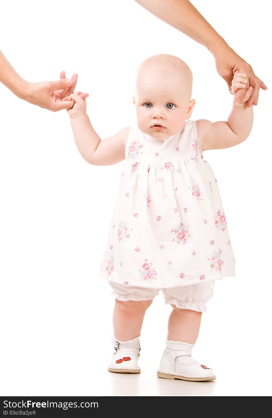 Sweet baby holding mothers hand, isolated on white. Sweet baby holding mothers hand, isolated on white