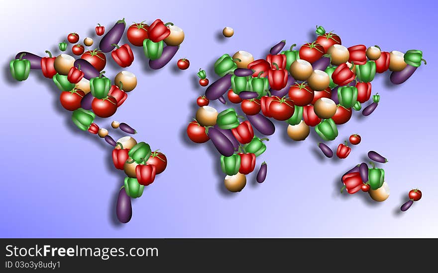 Different types of vegetables forming shape of World. Different types of vegetables forming shape of World