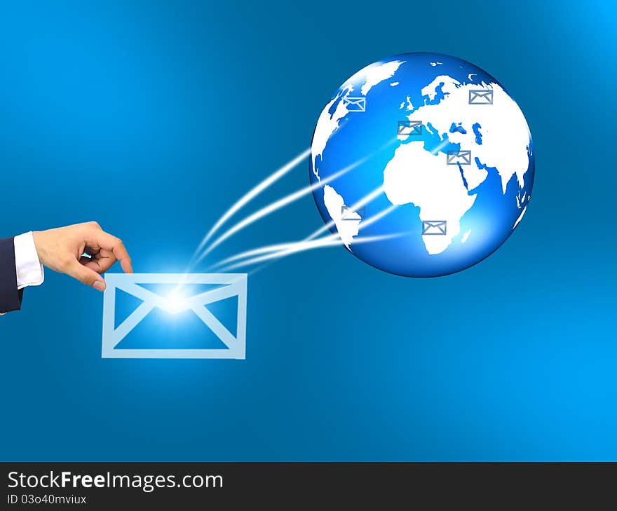 Hands with world mail delivery on world map background