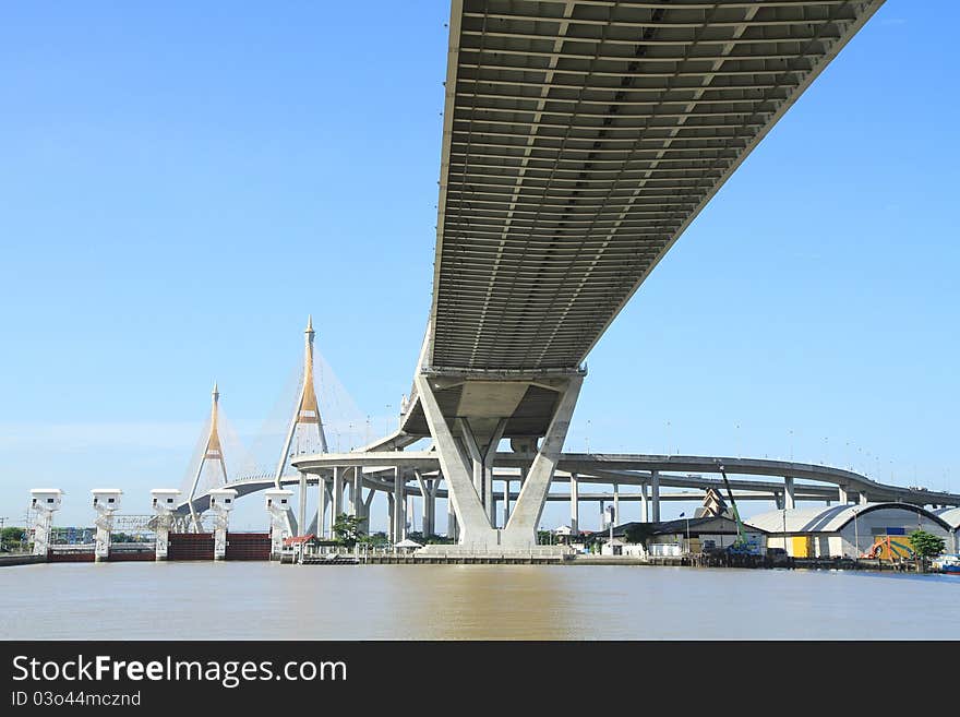 Bhumibol Bridge in Thailand, also known as the Industrial Ring Road Bridge. The bridge crosses the Chao Phraya River.