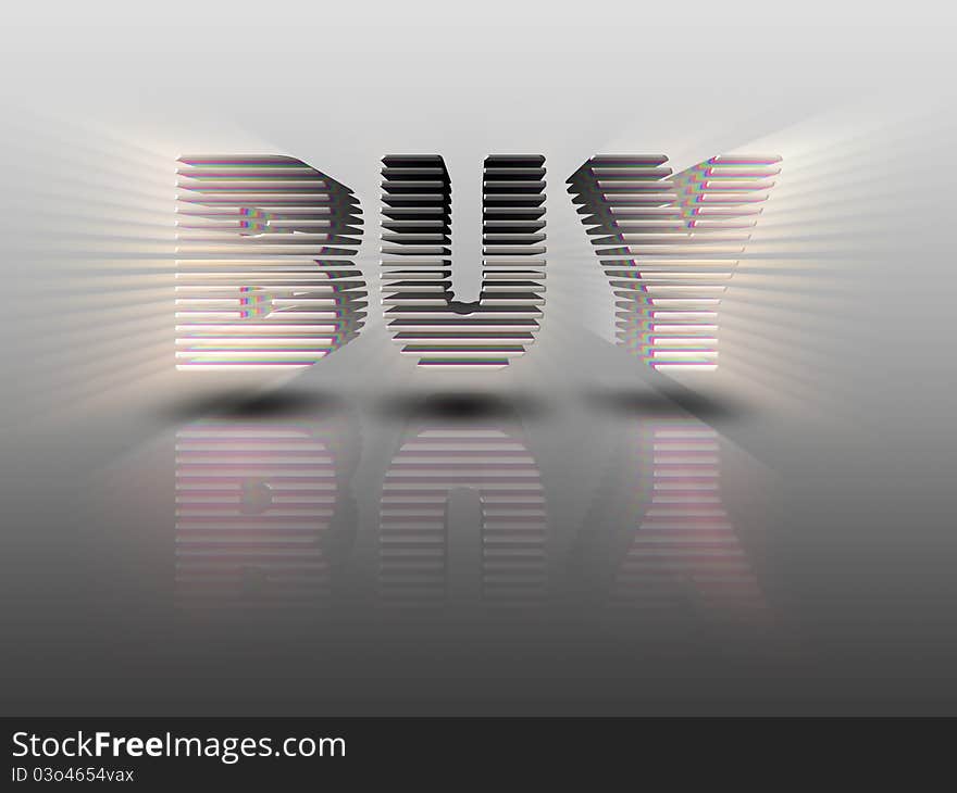 The word Buy is in 3D letters on grey background, shiny, sectioned, and beveled... emitting rays. Has a reflection and shadow. Eye Catching.