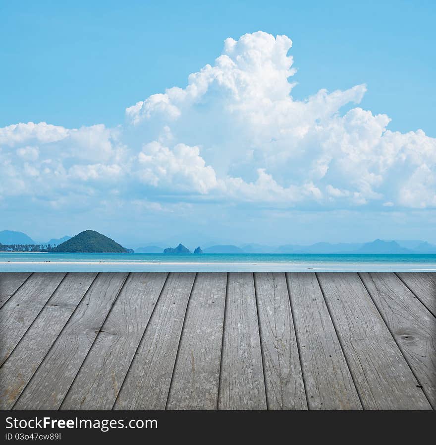 An abstract view of old wood floor with nice blue sky.