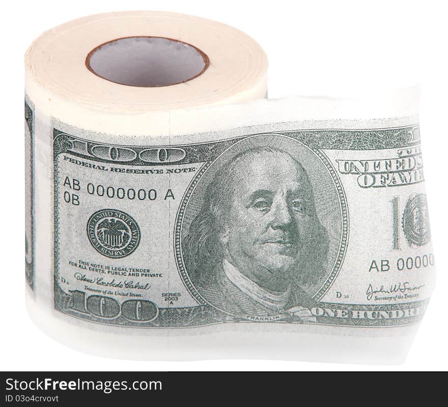 Toilet paper with the image of dollars isolated on a white background. Toilet paper with the image of dollars isolated on a white background.