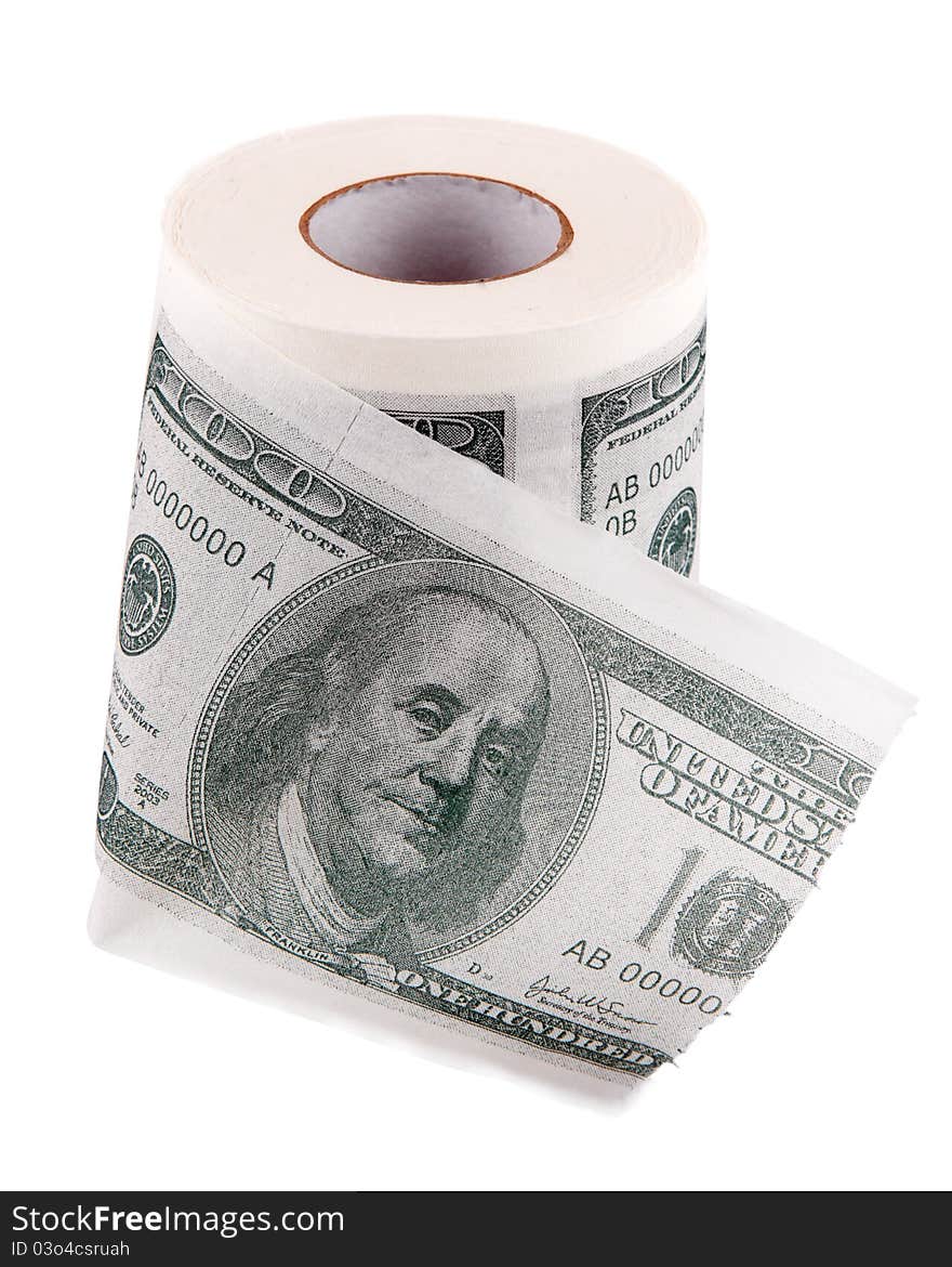 Toilet paper with the image of dollars isolated on a white background. Toilet paper with the image of dollars isolated on a white background.