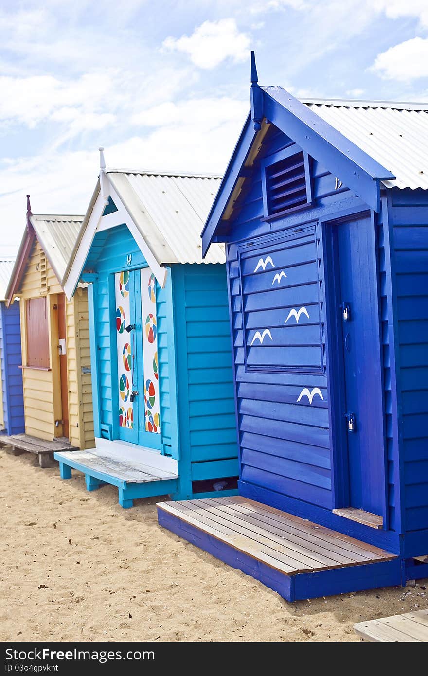 Colorful bathing boxes on Brighton Beach. Colorful bathing boxes on Brighton Beach