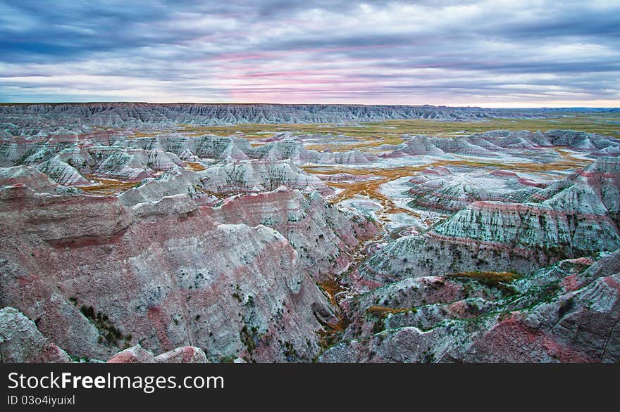 Badlands at sunrise, South Dakota, USA