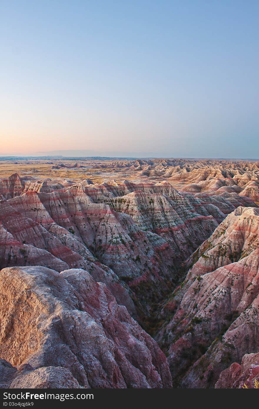 View of Sunrise in the Badlands National Park, South Dakota. View of Sunrise in the Badlands National Park, South Dakota