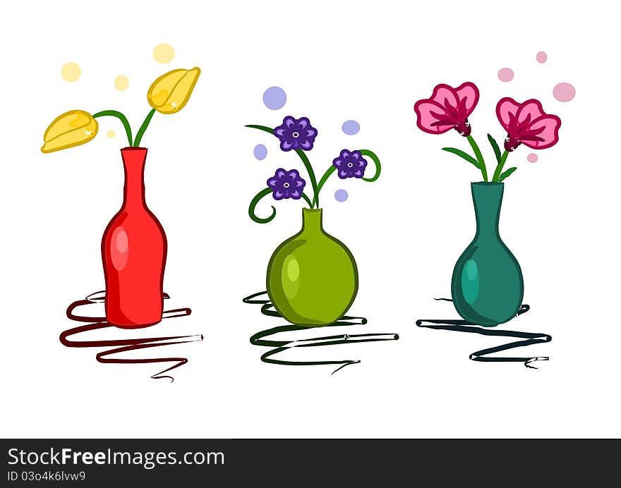 Three Colorful Vase With Flowers - Vector