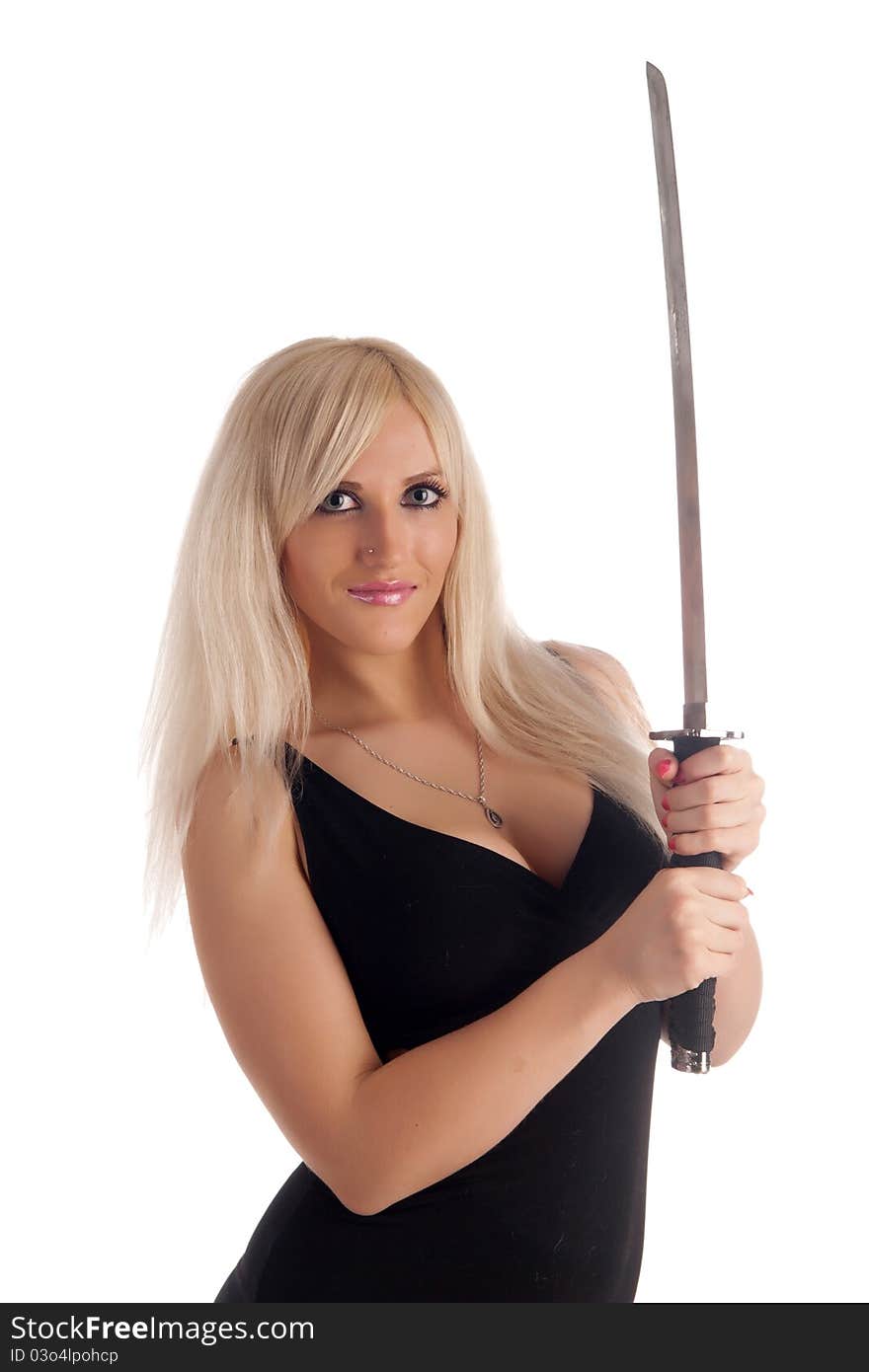 Blonde with a sabre in hands looks at you