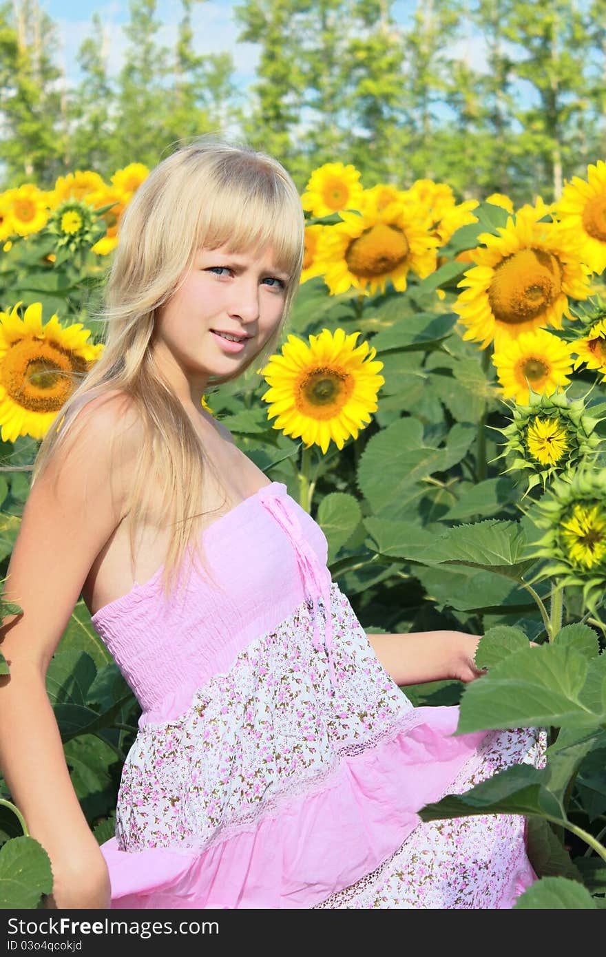 A girl among sunflowers field