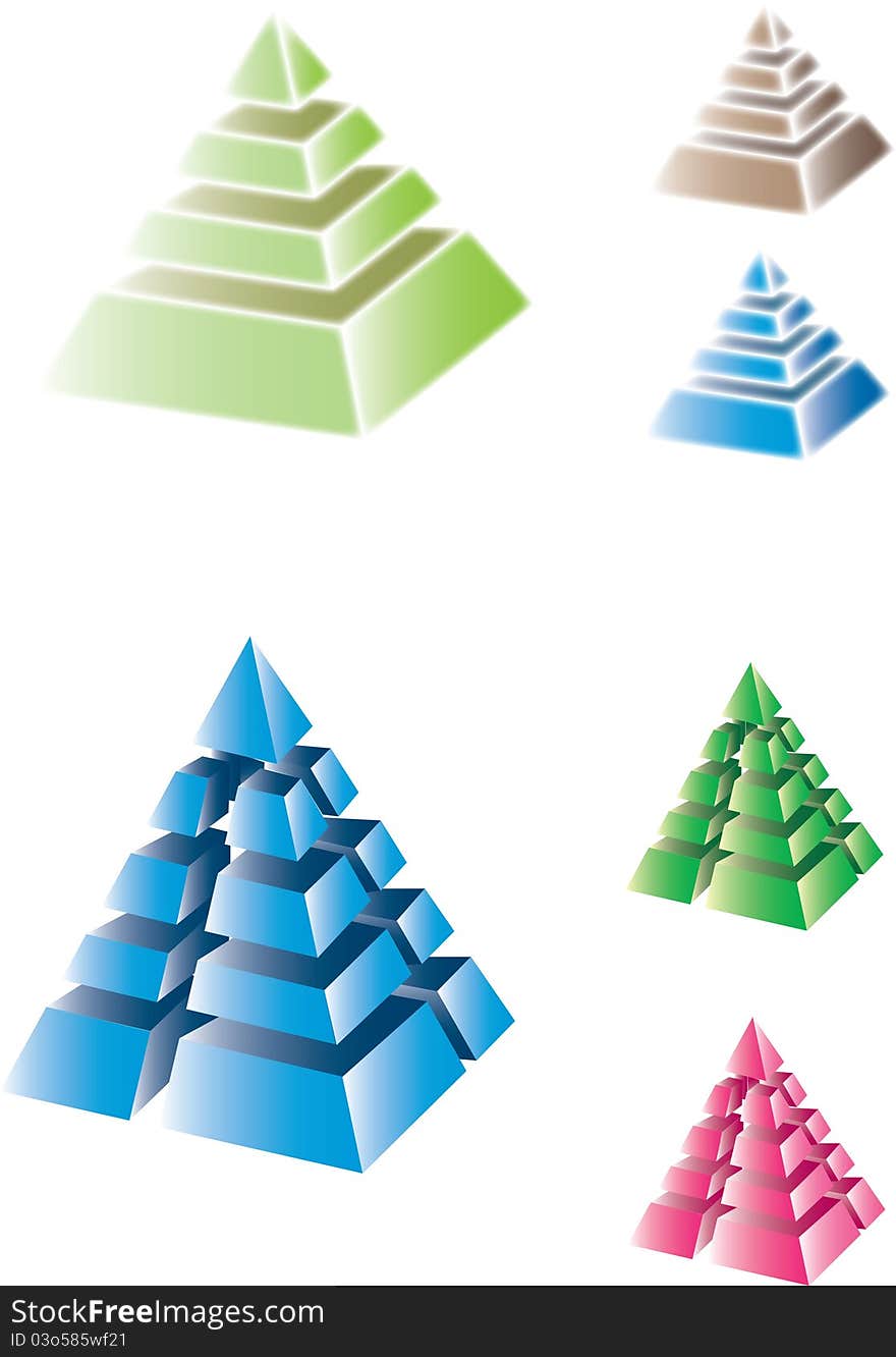 Some volume pyramids of dark blue, green, pink color consisting of several slices