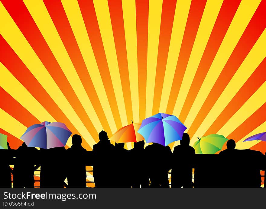 Silhouette of people with an umbrellas watching sunset. Silhouette of people with an umbrellas watching sunset