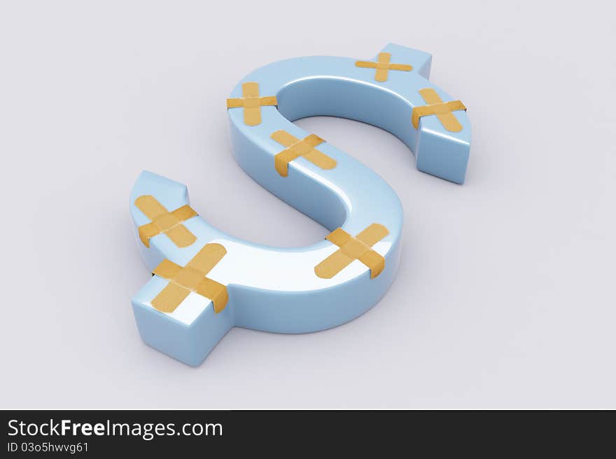 3D Dollar $ symbol with plaster patches on gray background. 3D Dollar $ symbol with plaster patches on gray background.