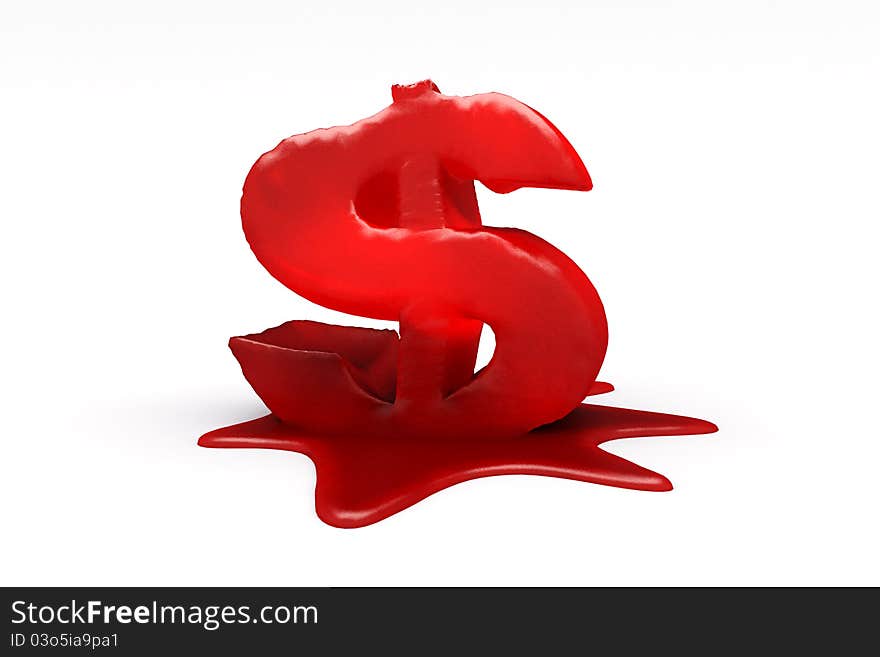 3D wax dollar $ symbol melting. Dollar loosing value. White background. 3D wax dollar $ symbol melting. Dollar loosing value. White background