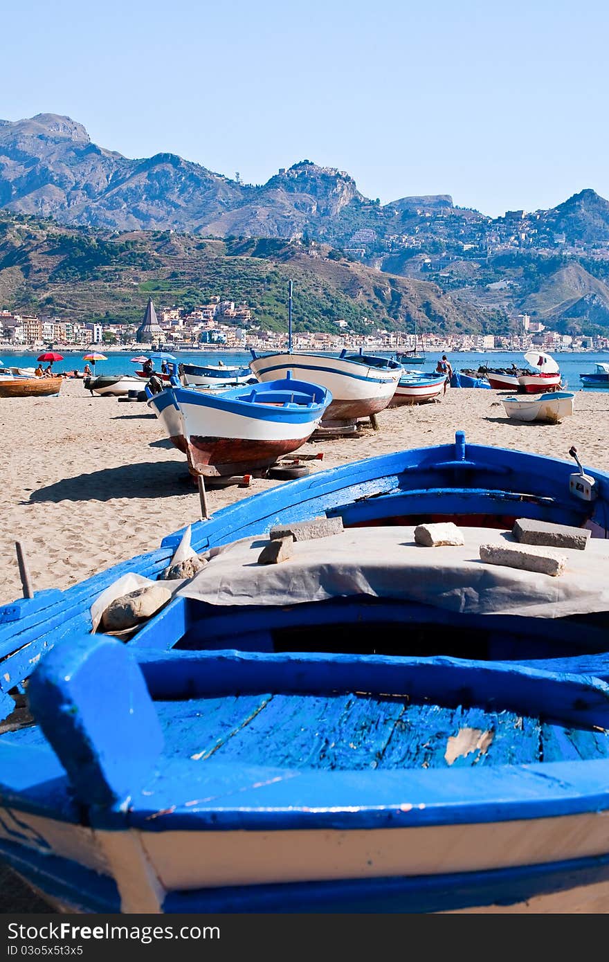 Boats On Beach In Summer Day, Sicily