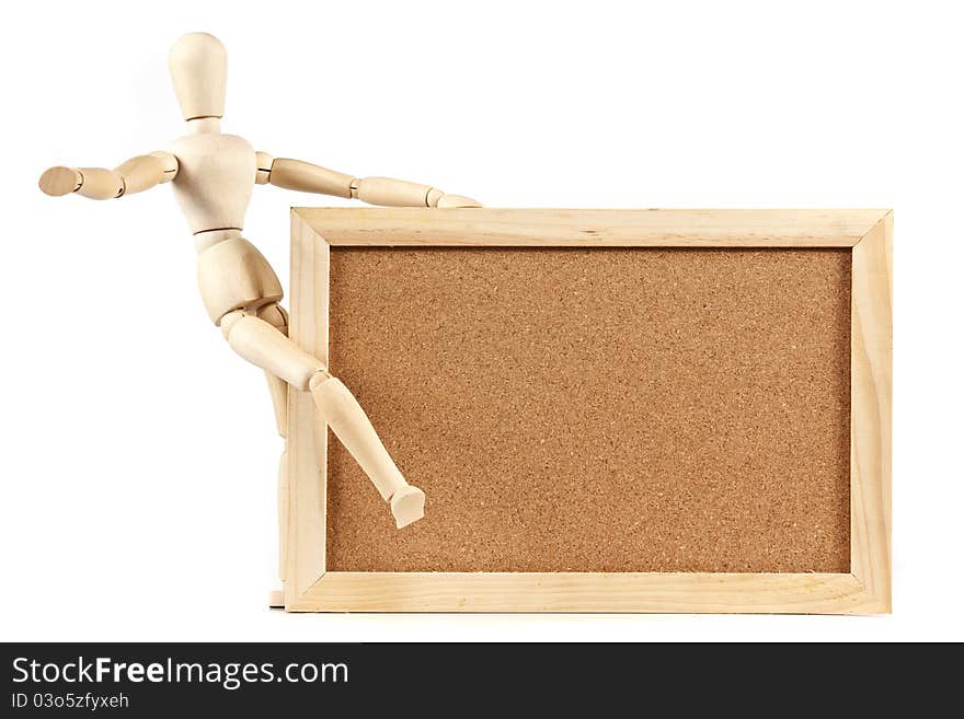 Mannequin and blank cork board message on white background. Mannequin and blank cork board message on white background