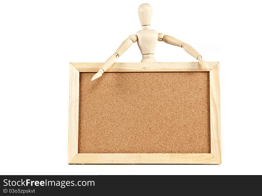 Mannequin and blank cork board message on white background. Mannequin and blank cork board message on white background